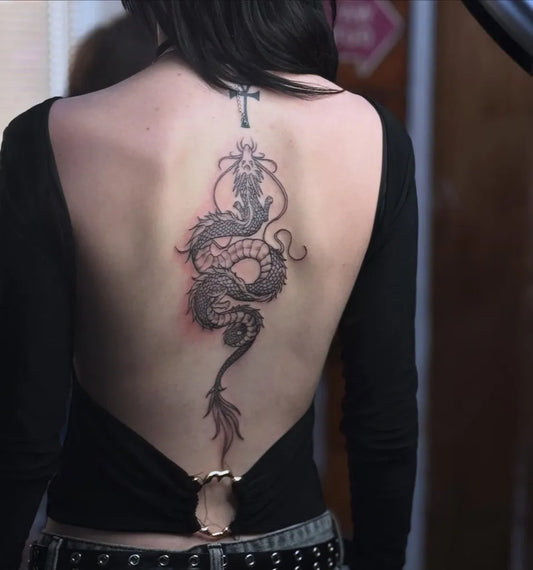 Big Traditional Chinese Dragon on Women Back Tattoo by @charisma.ink