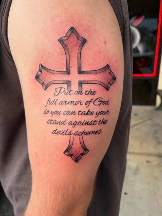 Big Traditional Cross Scripture on Men Arm Tattoo by @inkedby_gcw