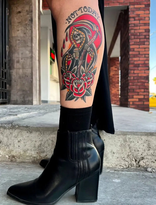 Big Traditional Death Skull Roses Tattoo on Women Leg by @traditionaltat