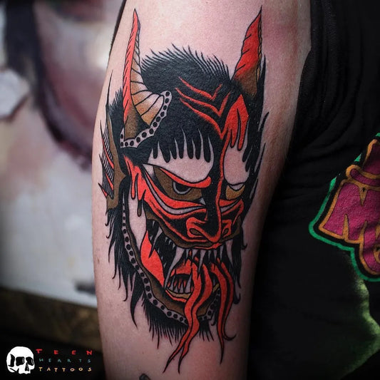 Big Traditional Demon Mask Tattoo on Men Arm by @tattoosnob