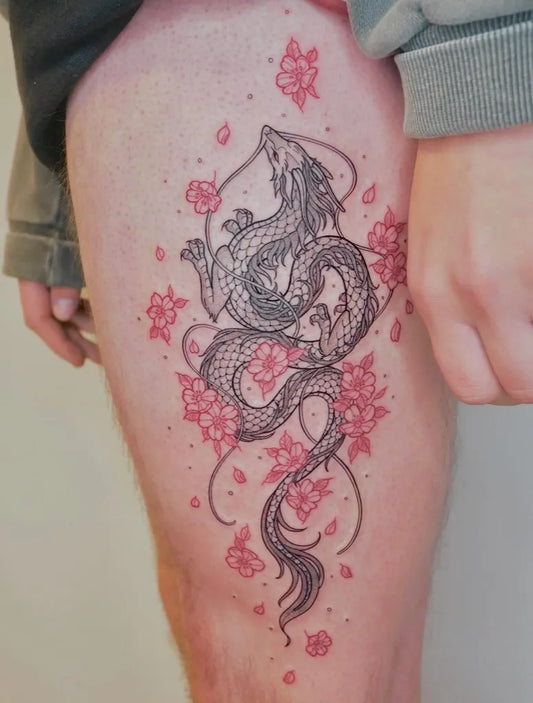 Big Traditional Dragon Cherry Blossoms on Men Thigh Tattoo by @nameless.tattooist