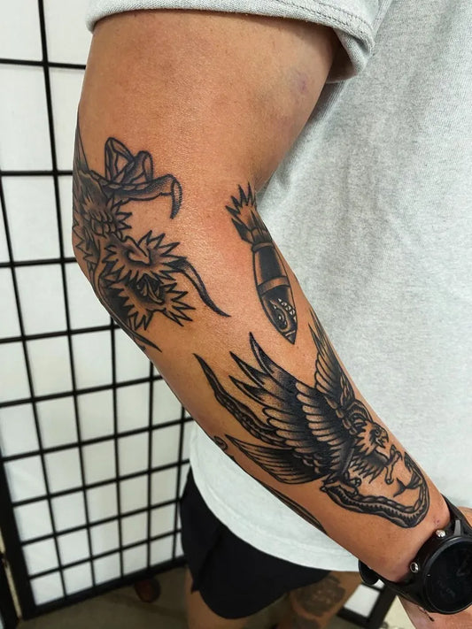 Big Traditional Dragon Eagle Tattoo on Men Arm by @kingsleytattoo