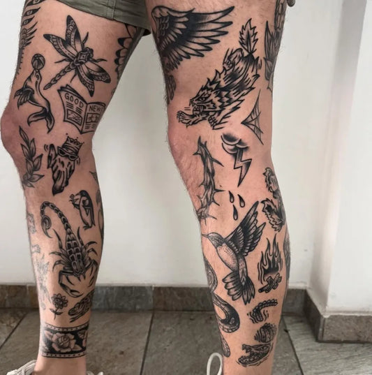 Big Traditional Dragon Hummingbird Scorpion Tattoo on Men Leg by @theodor