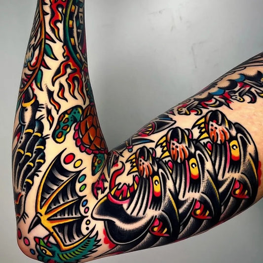 Big Traditional Dragon Turtle Waves Tattoo on Men Arm by @traditionaltattooink