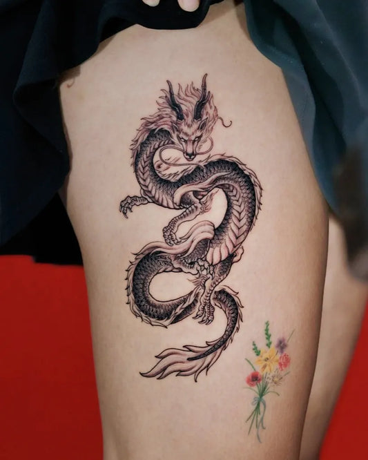 Big Traditional Dragon and Flowers on Women Thigh Tattoo by @dragoncityink.danang