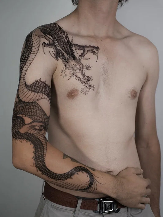Big Traditional Dragon and Plum Blossom on Men Shoulder Tattoo by @evg.ink