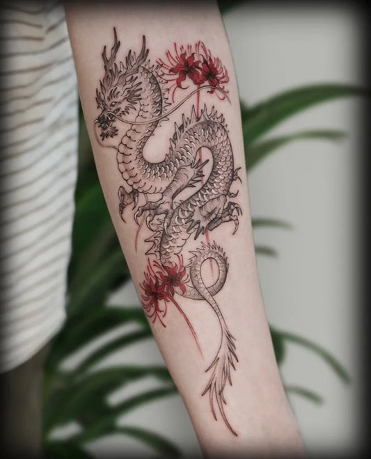 Big Traditional Dragon and Spider Lilies on Women Arm Tattoo by @cici_geeink_jpg_