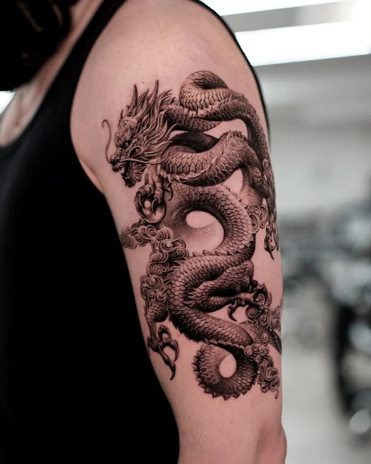 Big Traditional Dragon on Men Arm Tattoo by @klimentyv