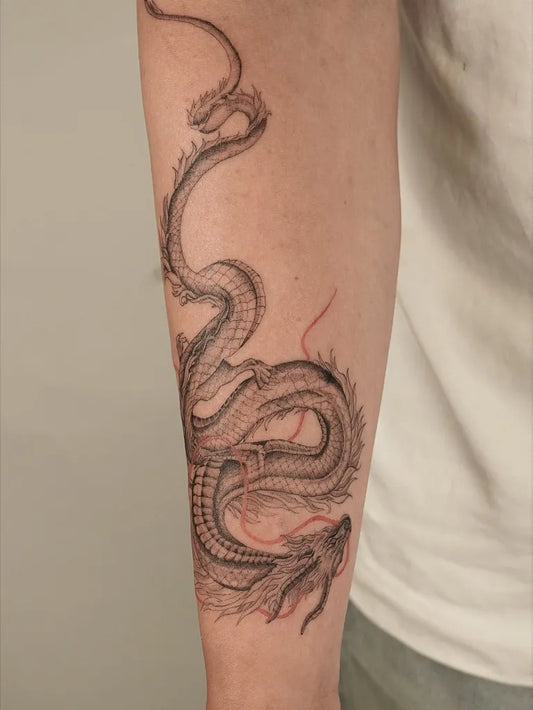 Big Traditional Dragon on Men Arm Tattoo by @tattoosbybel