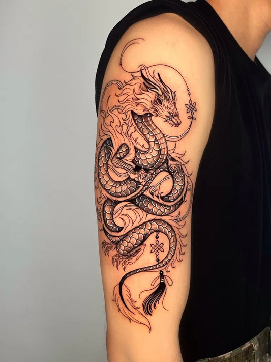 Big Traditional Dragon on Men Arm Tattoo by @white_rabbit__tattoo