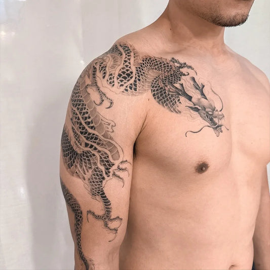 Big Traditional Dragon on Men Shoulder Tattoo by @jd.tattooer