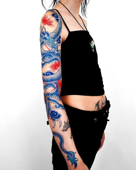 Big Traditional Dragon on Women Arm Sleeve Tattoo by @nobodytattoo