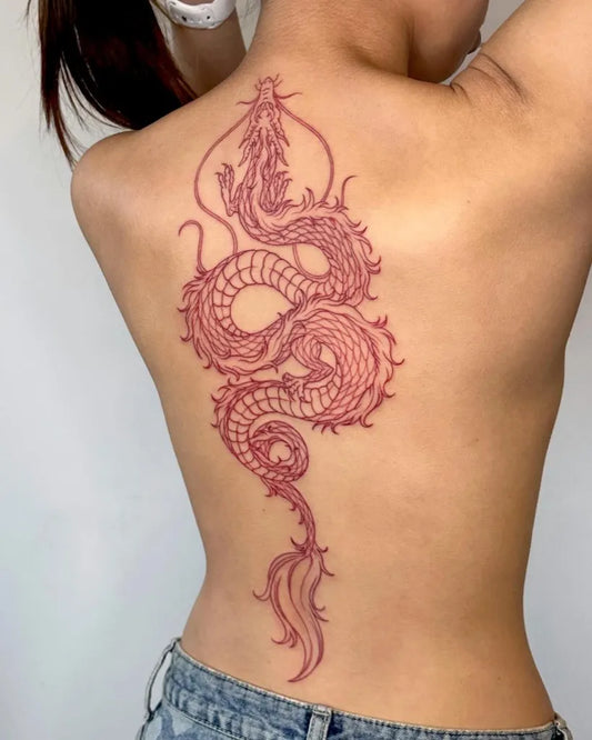 Big Traditional Dragon on Women Back Tattoo by @maryyy_tattoo