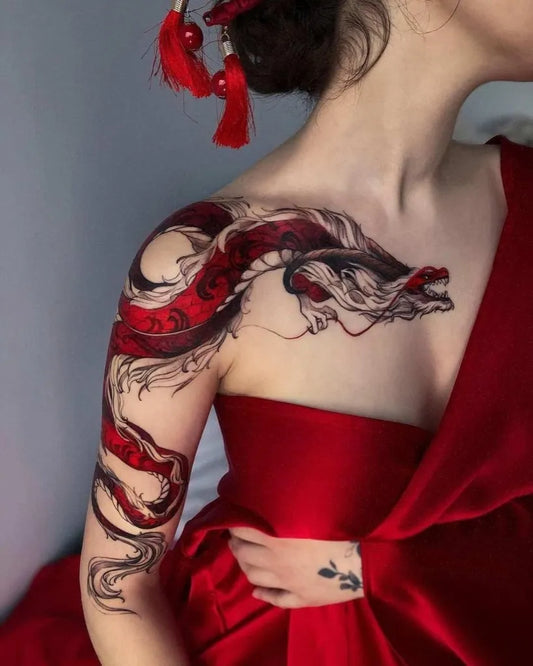 Big Traditional Dragon on Women Shoulder Tattoo by @meleahcreatesmagic