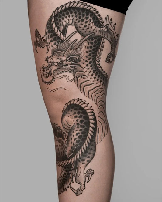 Big Traditional Dragon on Women Thigh Tattoo by @maryosiris