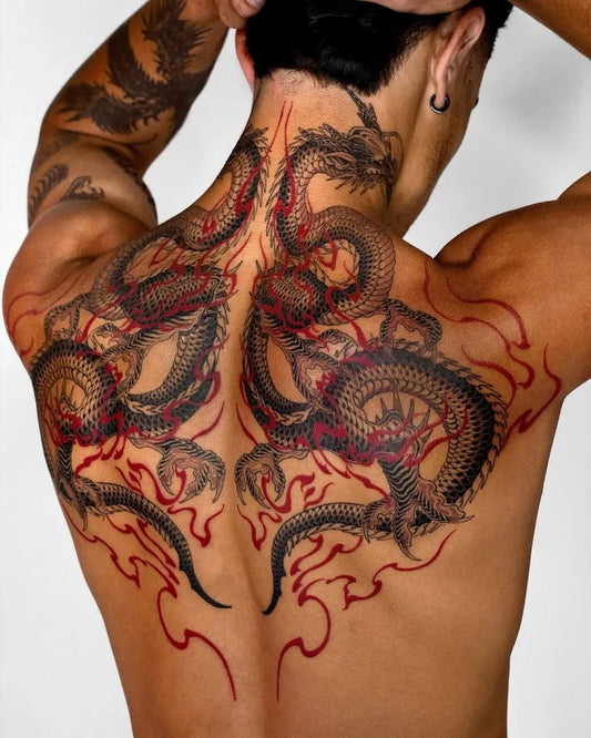 Big Traditional Dragons on Men Back Tattoo by @txttooing