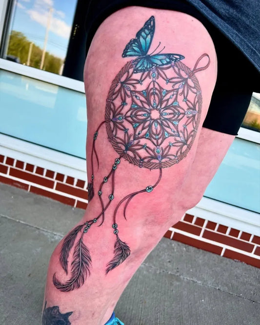 Big Traditional Dream Catcher Butterfly Tattoo on Women Thigh by @inkedbysky