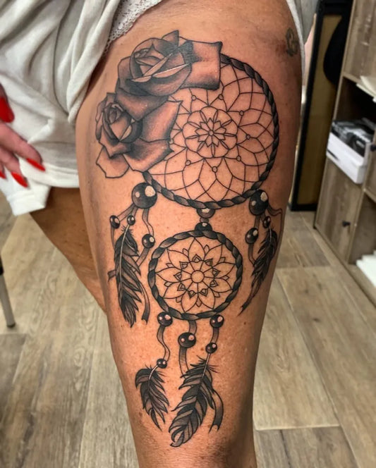 Big Traditional Dream Catcher Roses Tattoo on Women Thigh by @amity_tattoo