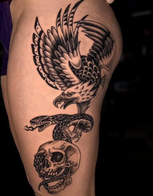 Big Traditional Eagle Snake Skull Tattoo on Women Thigh by @_dreadnot_