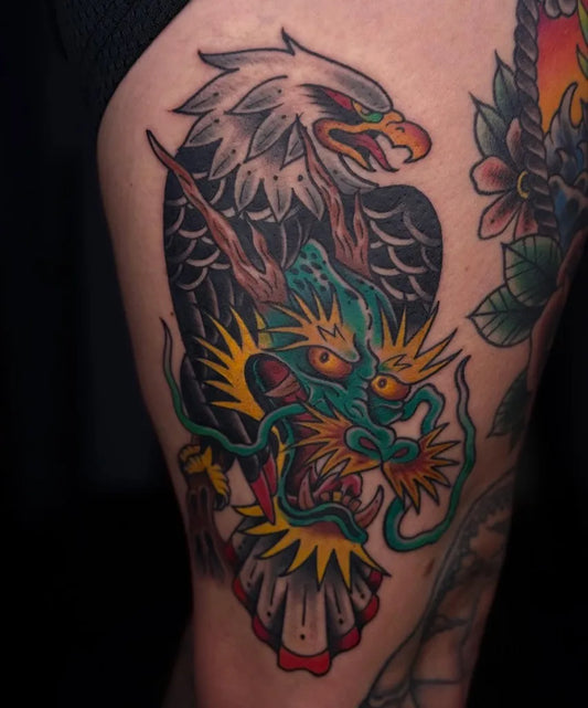 Big Traditional Eagle and Dragon Tattoo on Men Thigh by @cattooer