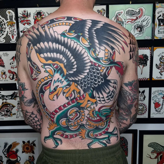 Big Traditional Eagle and Dragon on Men Back Tattoo by @joshmarks13