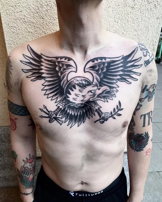 Big Traditional Eagle on Men Chest Tattoo by @vikinkhamburg