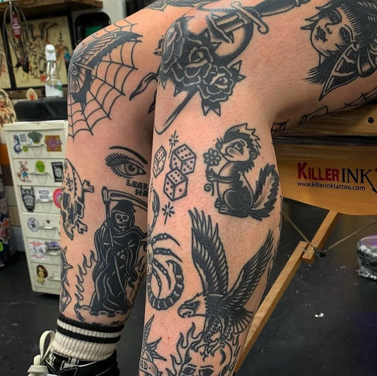 Big Traditional Grim Reaper Spider Rose Tattoo on Women Thigh by @oldschooltattz