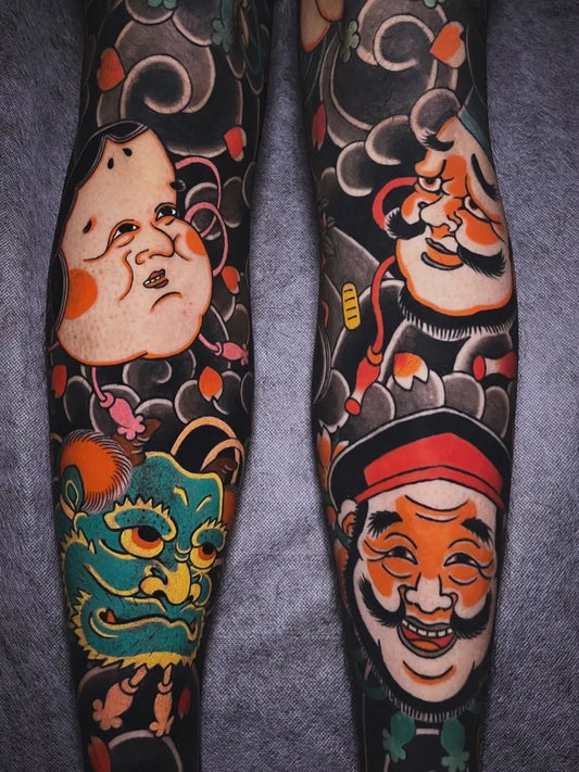 Big Traditional Hannya Mask and Hannya Tattoo on Men Leg by @onederfunk