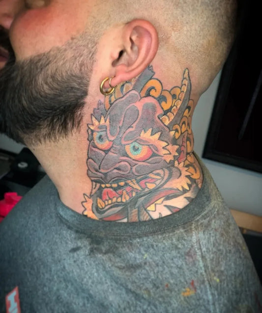Big Traditional Hannya Mask on Men Neck Tattoo by @evanpoiriertattooer