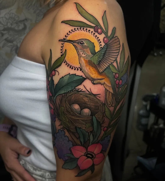 Big Traditional Hummingbird Nest Flowers on Women Shoulder Tattoo by @rennietattoo