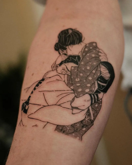 Big Traditional Japanese Parent and Child Hug on Women Arm Tattoo by @tattoo.anbu