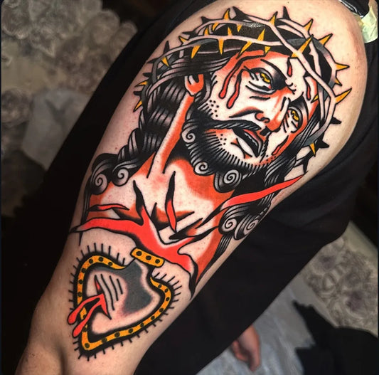 Big Traditional Jesus Sacred Heart Tattoo on Men Arm by @ritehooktattoo