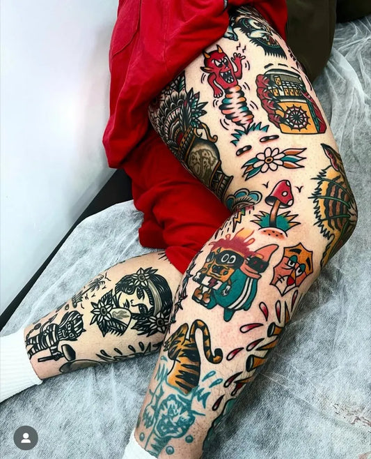 Big Traditional Leg Sleeve Tattoo on Men Leg by @traditionaltattooink