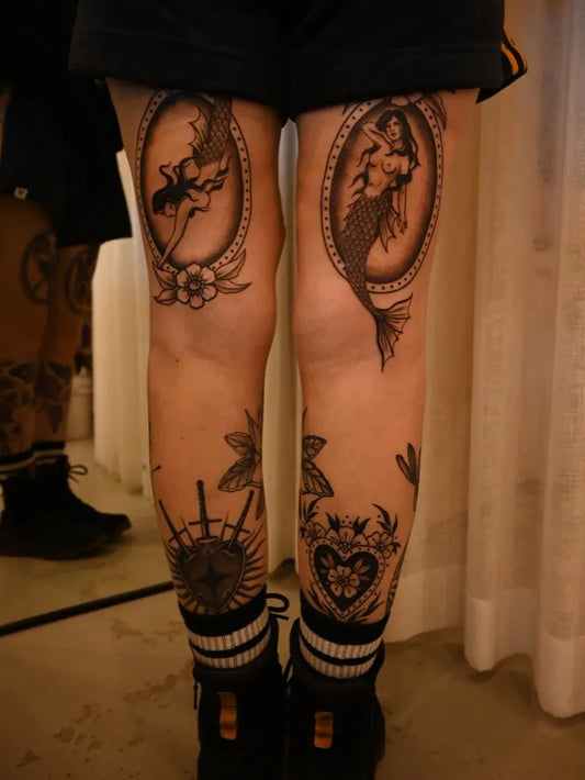 Big Traditional Mermaid and Fairy on Women Thigh Tattoo by @blancspacetattoostudio