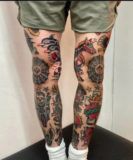 Big Traditional Motorbike Spider Heart Tattoo on Men Legs by @traditionaltattooink