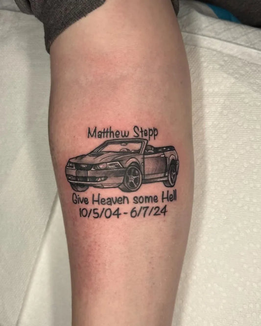 Big Traditional Mustang Car Memorial on Men Arm Tattoo by @scottie__morgan
