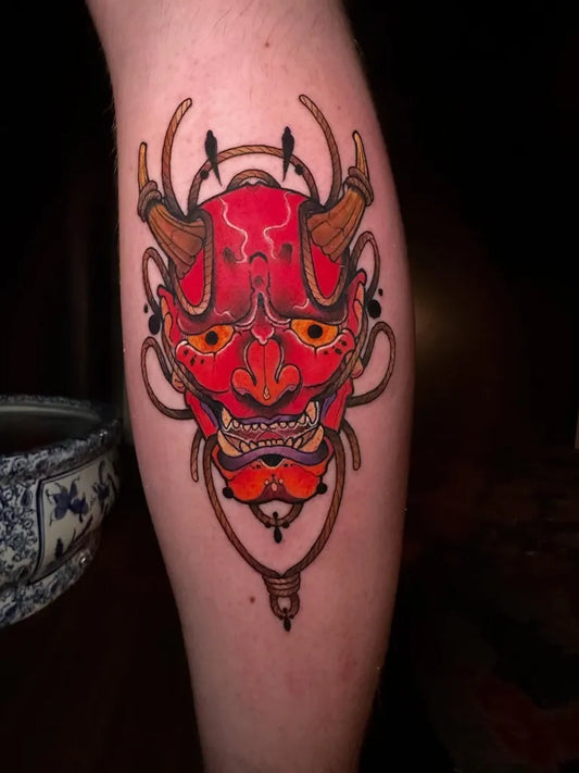 Big Traditional Oni Mask with Ornaments on Men Leg Tattoo by @mahyartat2