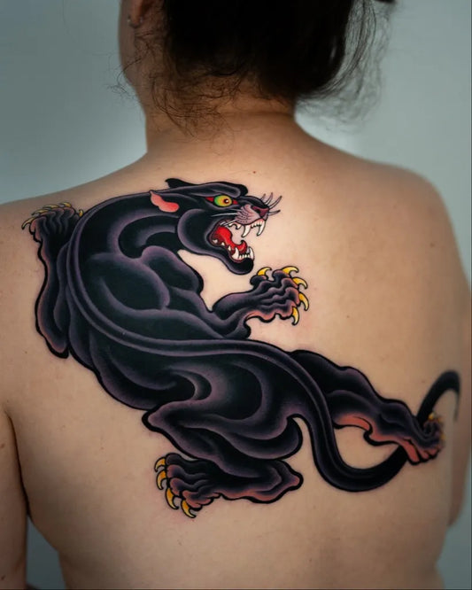 Big Traditional Panther Tattoo on Women Back by @seoulinktattoo