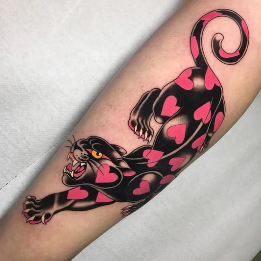 Big Traditional Panther with Hearts Tattoo on Women Arm by @halatattoos