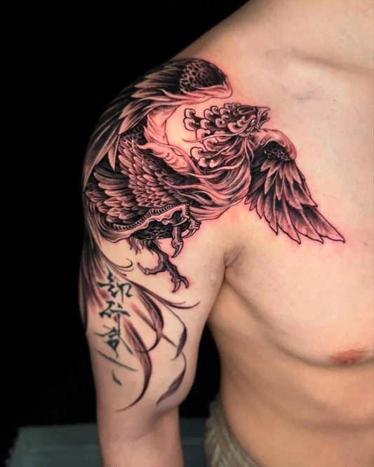 Big Traditional Phoenix on Men Shoulder Tattoo by @bla.ck_tattooer