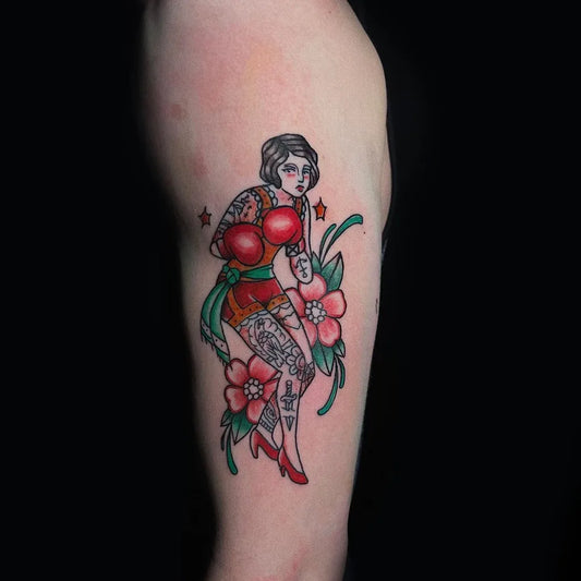 Big Traditional Pin Up Girl Boxing Gloves Flowers Tattoo on Women Arm by @theboynamedlo