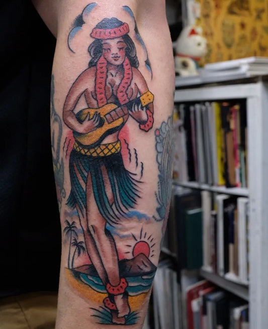 Big Traditional Pin Up Girl Hula Dancer Ukulele Tattoo on Women Arm by @oldironsidetattoo