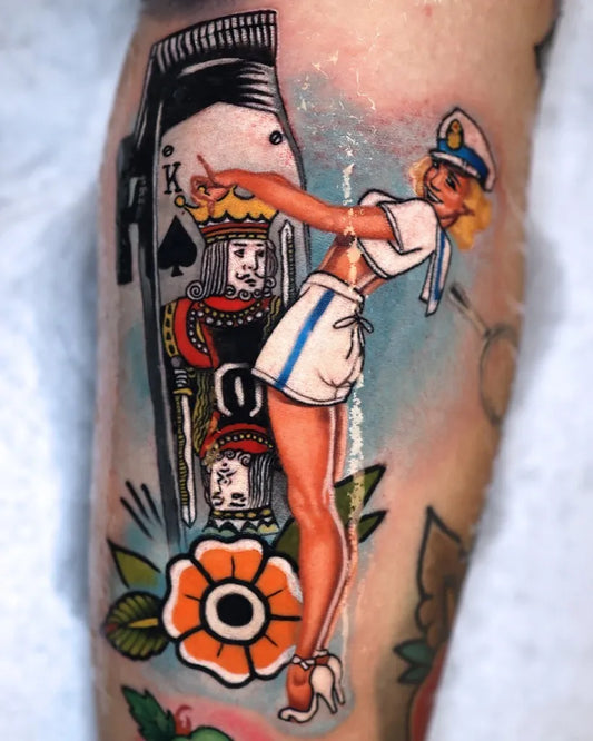 Big Traditional Pin Up Girl King of Spades Barber Pole Tattoo on Men Arm by @hwadamtat
