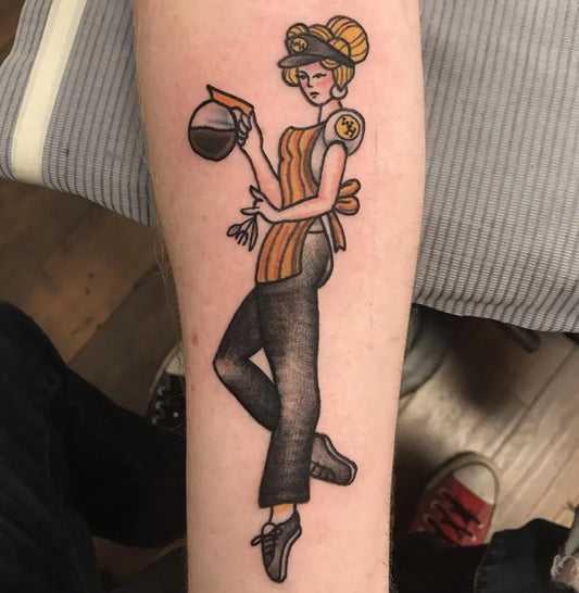 Big Traditional Pin Up Girl with Coffee Pot Tattoo on Women Arm by @matthewpaulrevere