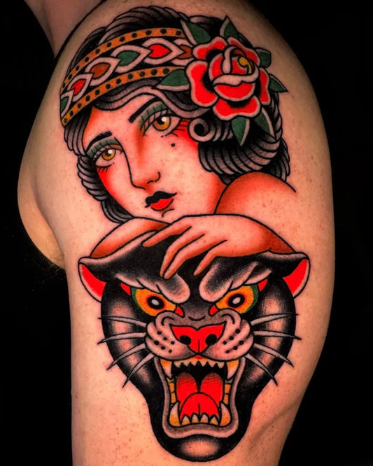 Big Traditional Pinup Girl and Panther Tattoo on Men Shoulder by @marksomething