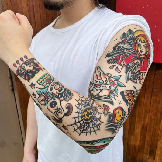 Big Traditional Red Riding Hood Wolf Butterfly Tattoo on Men Arm by @redliptattoo