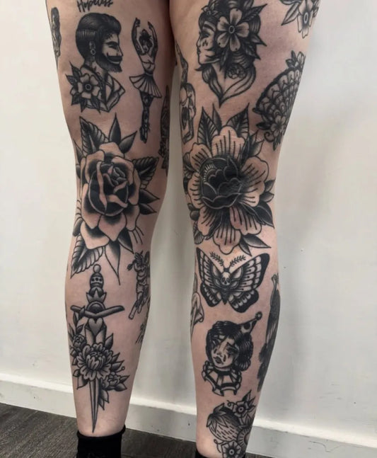 Big Traditional Rose Butterfly Dagger Tattoo on Women Leg by @holliejoicetattoo