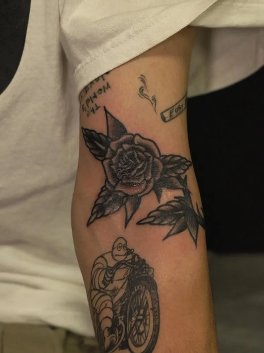 Big Traditional Rose Motorcycle on Men Arm Tattoo by @13ink_wataru