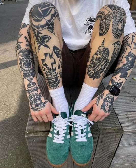 Big Traditional Rose Snake Skull Tattoo on Men Arm by @home_of_tatts