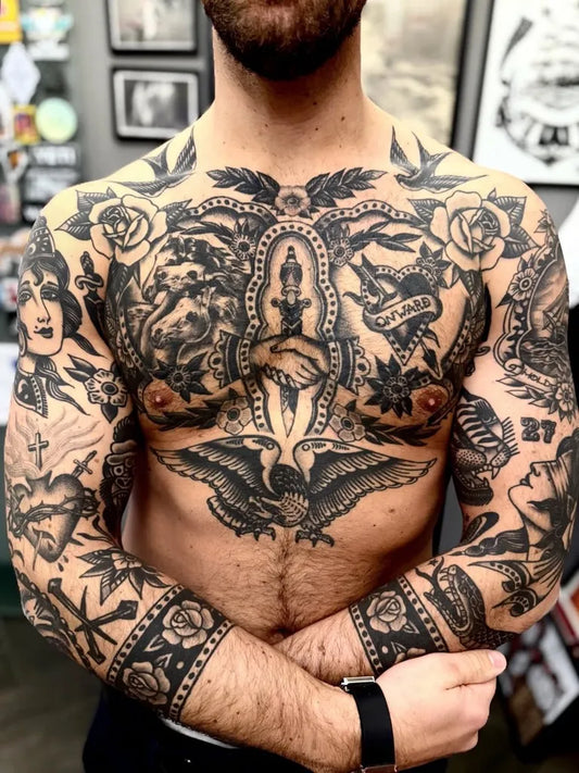 Big Traditional Roses Dagger Eagle Tattoo on Men Chest by @traditional.ink